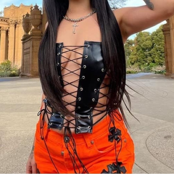 Cape Clique Sexy Adjustable Spaghetti PU Lace Up Front Tube Top Cutout Cami Tank - Picture 5 of 5